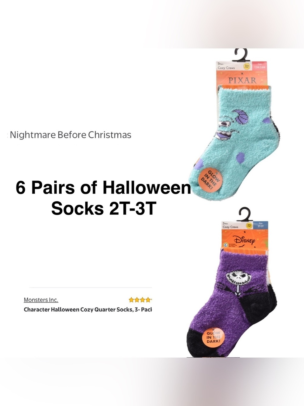 5/$30 Disney & Pixar Halloween Kids Cozy Crew Socks Glow-in-the-Dark (2T-3T)